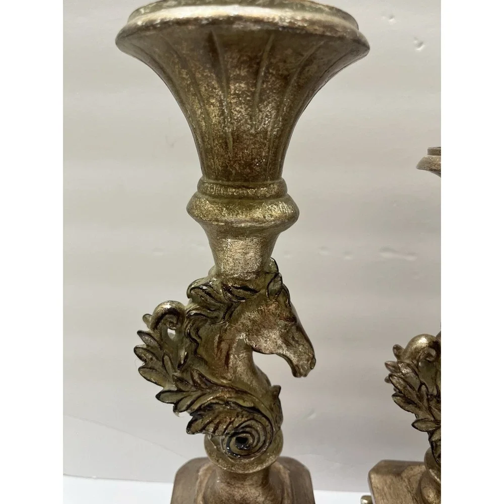 Antique-Style Candle Holders Gold-Gilt Horse Head Bust Pedestal Base Set Of 3